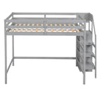 Wooden Full Size Loft Bed with Built-in Storage Wardrobe and Staircase