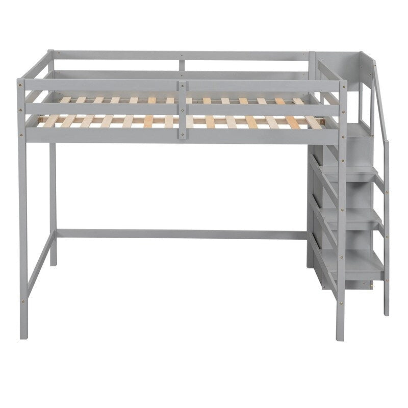 Wooden Full Size Loft Bed with Built-in Storage Wardrobe and Staircase