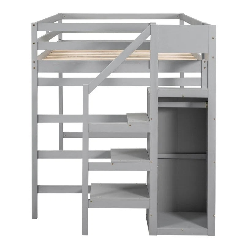 Wooden Full Size Loft Bed with Built-in Storage Wardrobe and Staircase