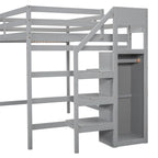 Wooden Full Size Loft Bed with Built-in Storage Wardrobe and Staircase