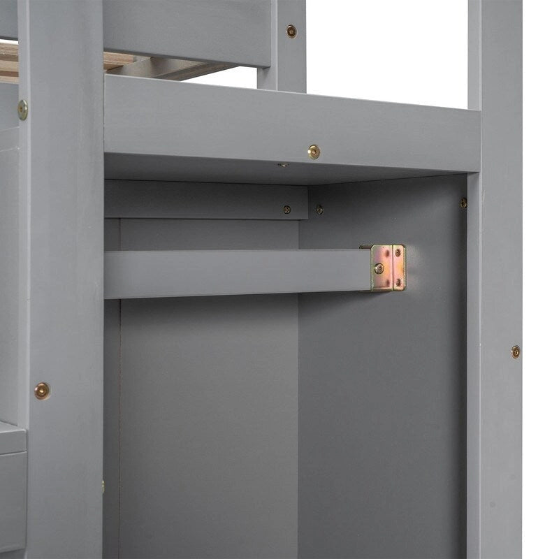 Wooden Full Size Loft Bed with Built-in Storage Wardrobe and Staircase