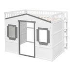White+Gray Full Size House Loft Bed with Ladder, Doors, Window
