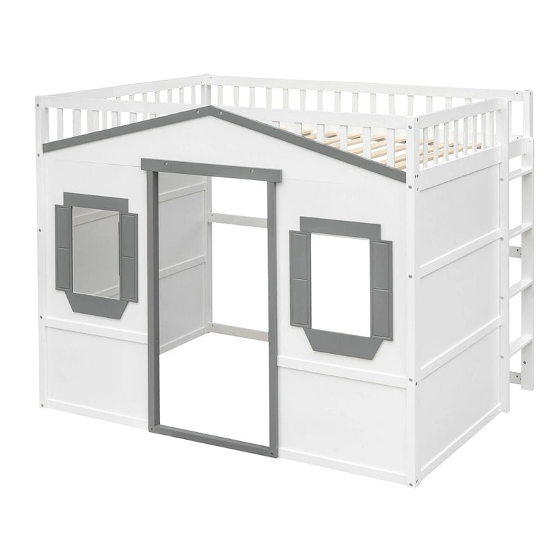 White+Gray Full Size House Loft Bed with Ladder, Doors, Window
