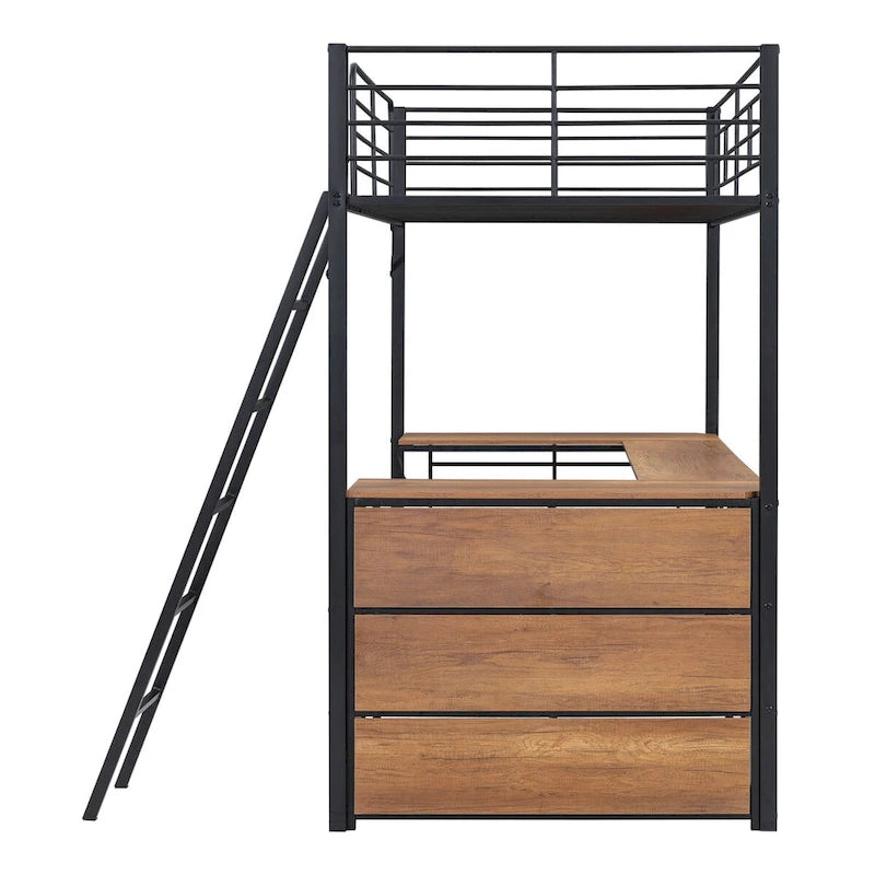 Black Metal Loft Bed with L-shaped Desk and 3 Layers of Shelves, Reversible Ladder