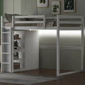 Wood Full Size Loft Bed with Built-in Wardrobe and Storage Shelves, Led light