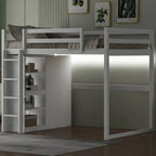 Wood Full Size Loft Bed with Built-in Wardrobe and Storage Shelves, Led light