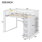 Wood Full Size Loft Bed with Built-in Wardrobe and Storage Shelves, Led light