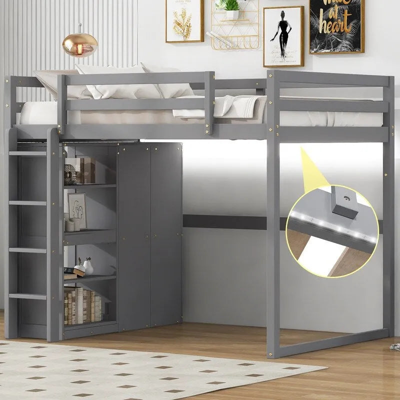 Wood Full Size Loft Bed with Built-in Wardrobe and Storage Shelves, Led light