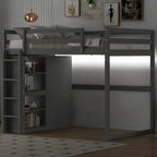 Wood Full Size Loft Bed with Built-in Wardrobe and Storage Shelves, Led light