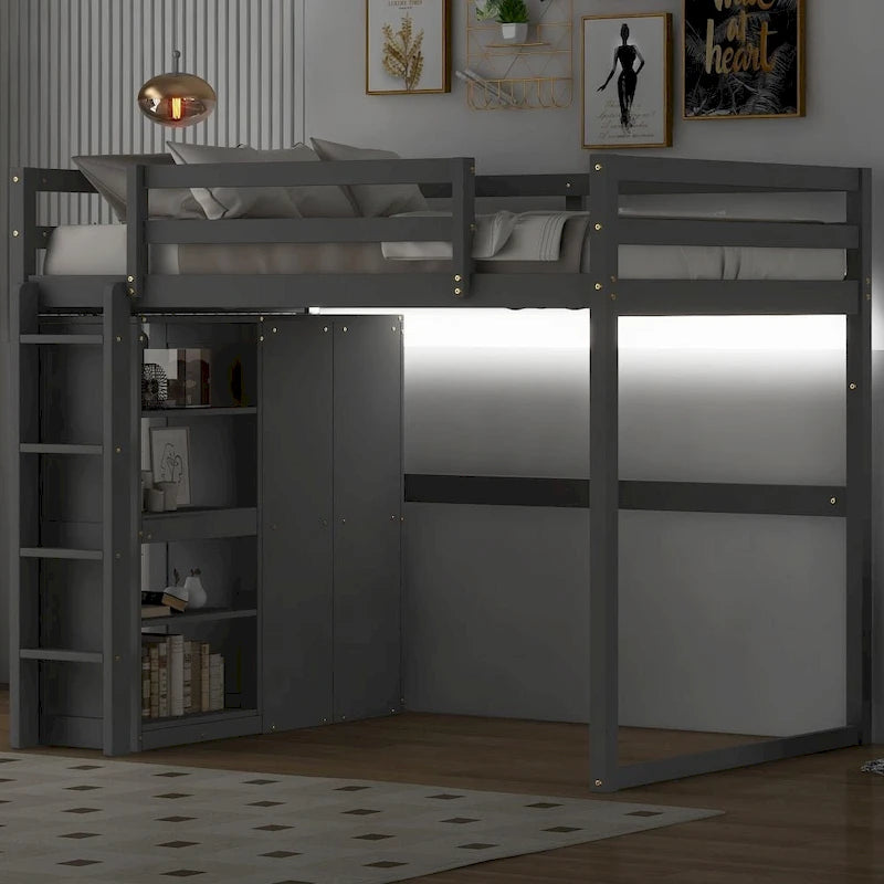 Wood Full Size Loft Bed with Built-In Wardrobe and Storage Shelves