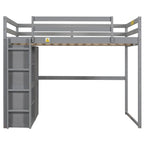 Wood Full Size Loft Bed with Built-In Wardrobe and Storage Shelves