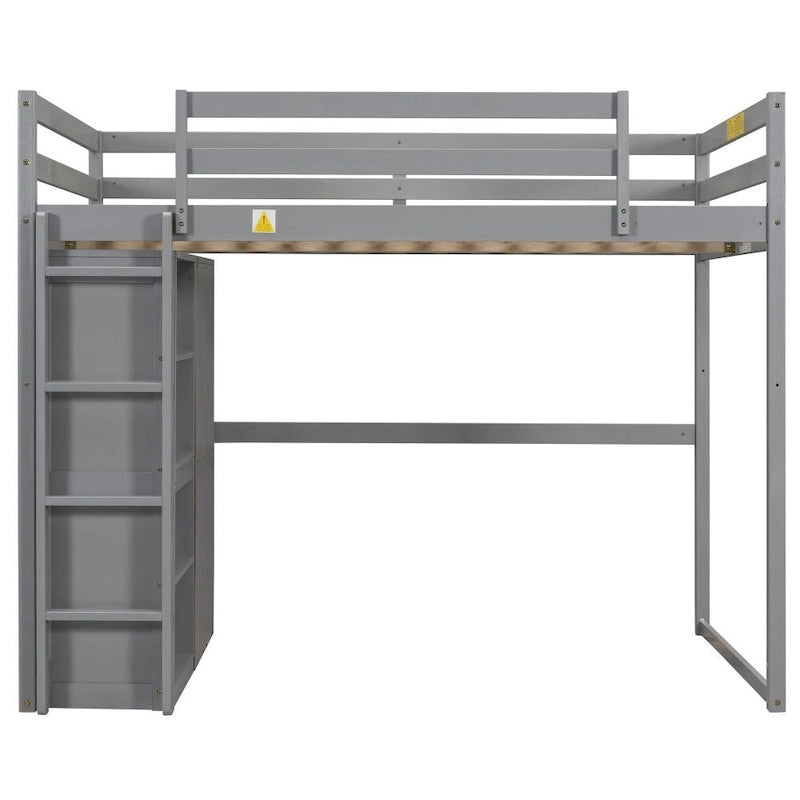 Wood Full Size Loft Bed with Built-In Wardrobe and Storage Shelves