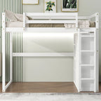 Wood Full Size Loft Bed with Built-In Wardrobe and Storage Shelves