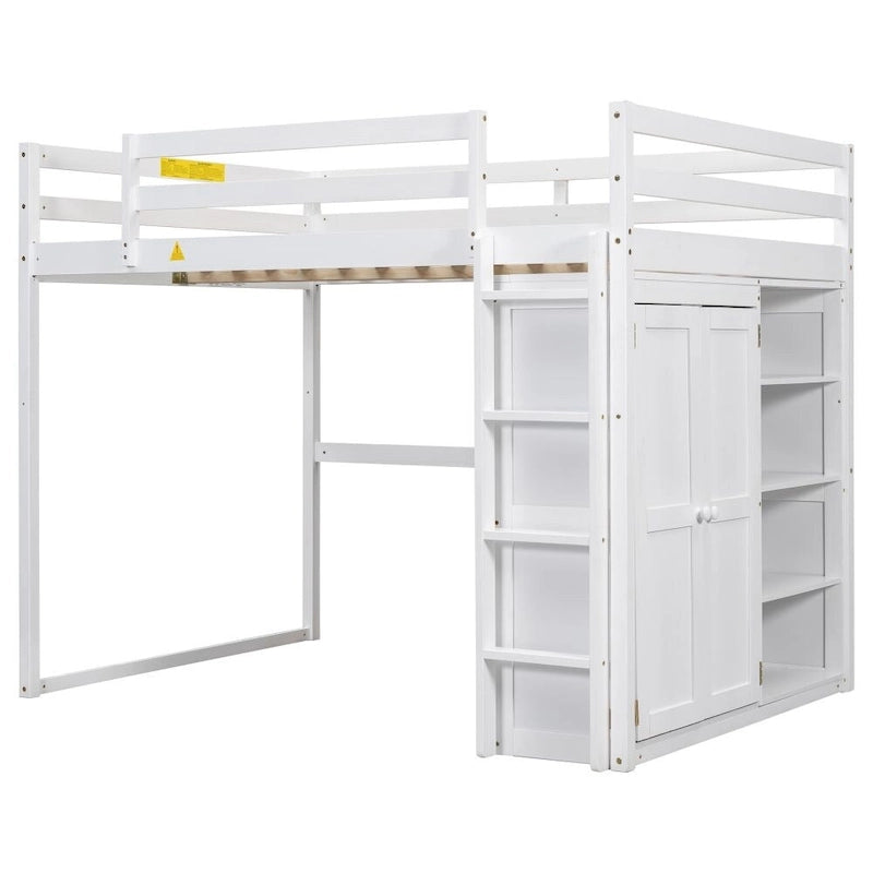 Wood Full Size Loft Bed with Built-In Wardrobe and Storage Shelves