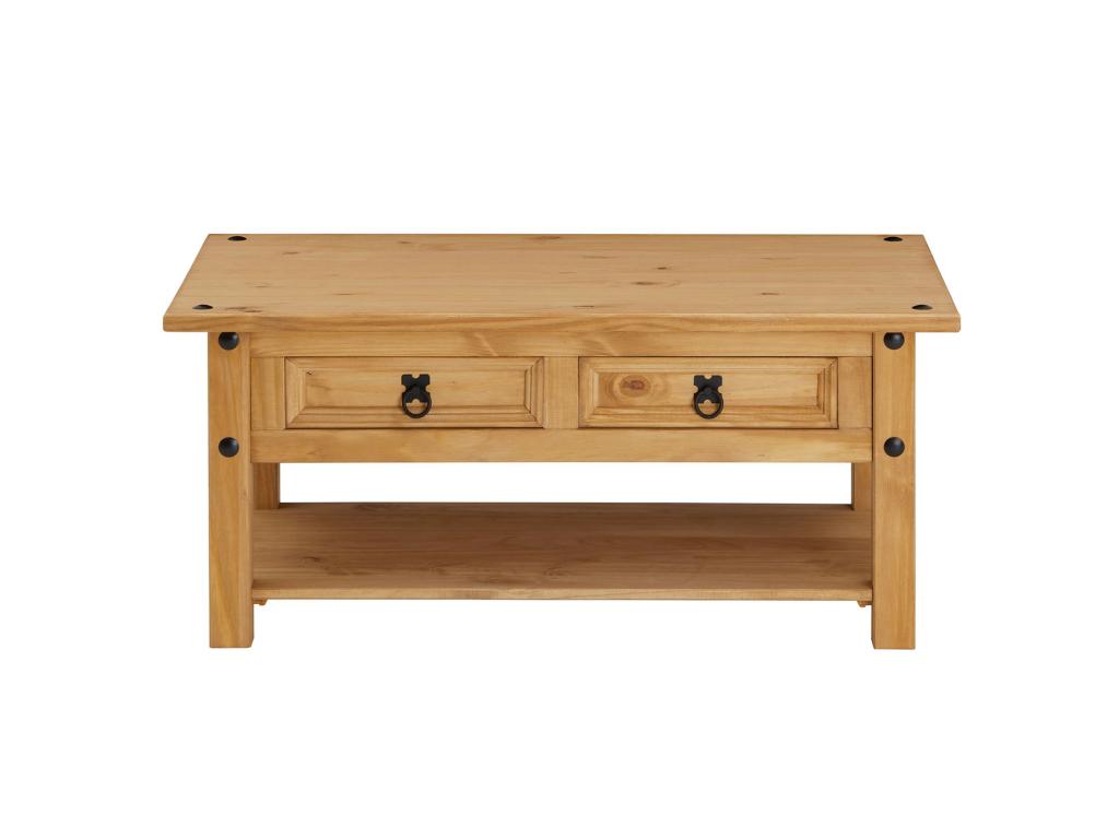 Bohometop rectangular Mexican-style wooden coffee table with 2 solid pine drawers, stained/waxed finish 17358UOLU