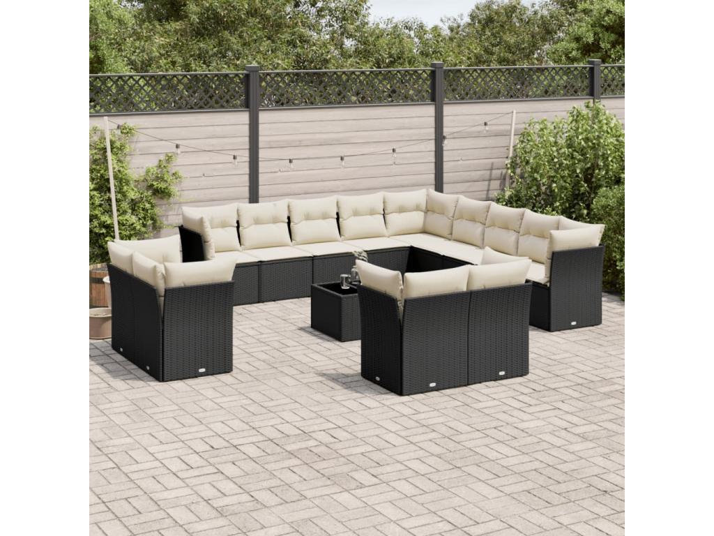 14-piece garden furniture set with cushions, black woven resin