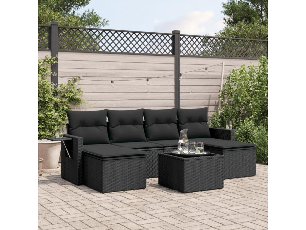 7-piece garden furniture set with cushions, black resin wicker, 69503KLNQ
