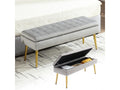 Storage bench 111x35x44.5cm with gold metal legs for living room, entryway, or bedroom, upholstered in light grey velvet 43685QHSS