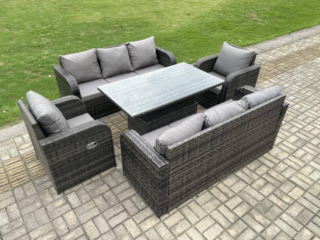 Rattan garden dining set with height-adjustable dining table, 2 reclining chairs, and 2 sofas. MéBohometop dark grey 54319RXYV