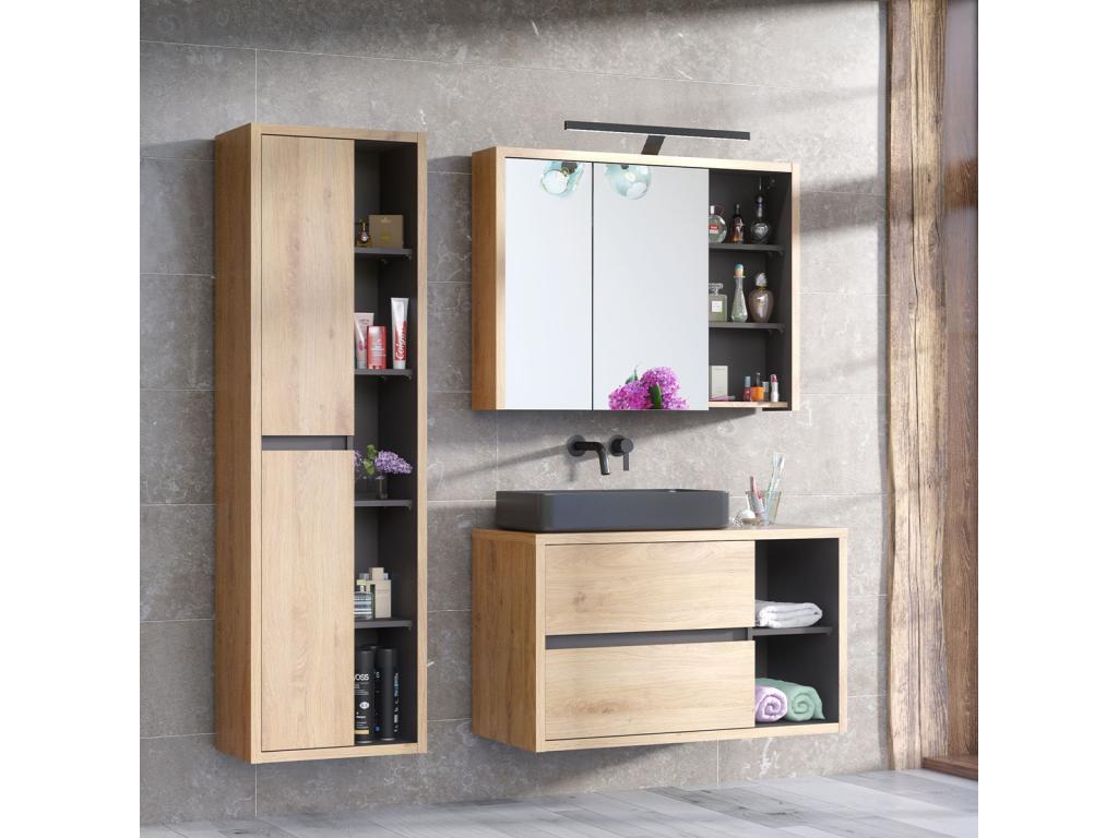 Bohometop 100cm single sink vanity unit with column and wall cabinet in wood and anthracite 67656NAIT