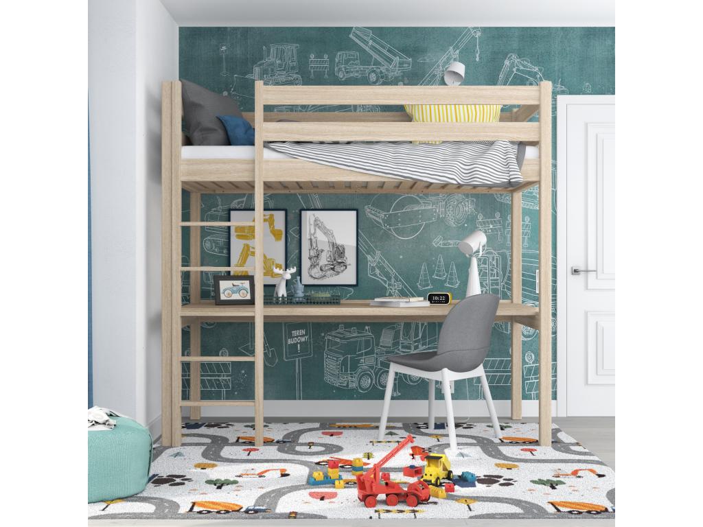 Oak loft bed - with desk N05 Whitewashed Oak 120x180