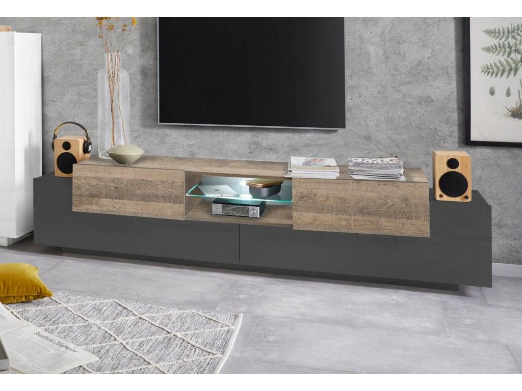 Bohometop TV Stand, Low Sideboard, TV Base, Made in Italy, 220x40x51 cm, Anthracite and Maple, 06703FTBY