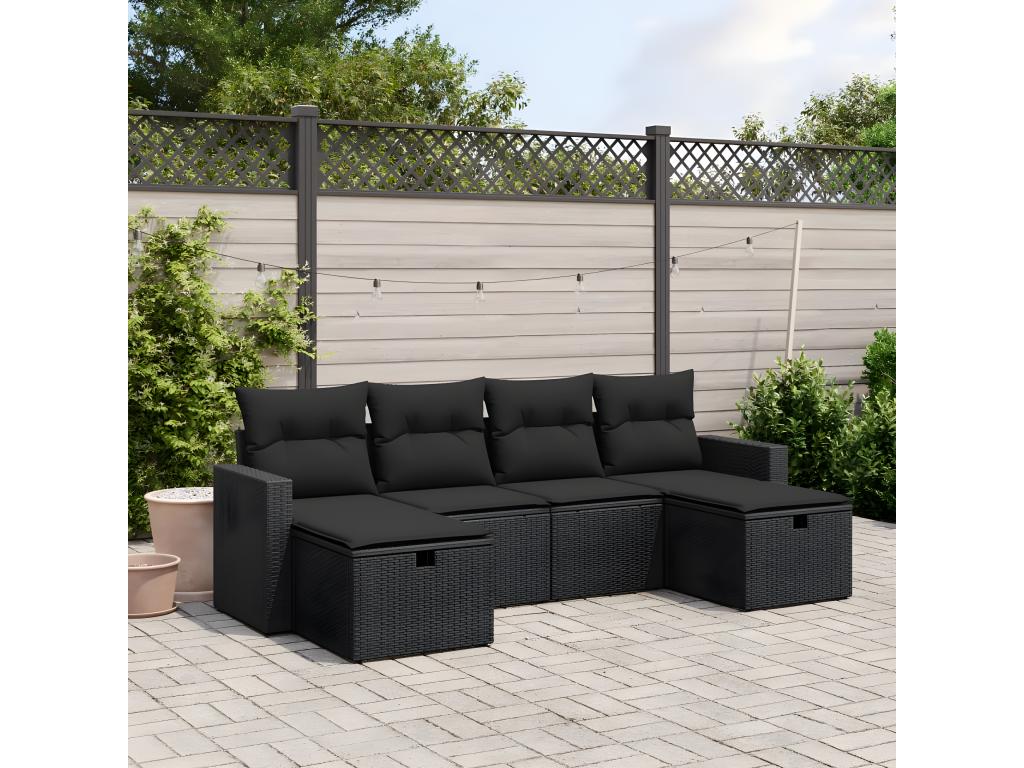 6-piece garden furniture set with cushions, black woven resin