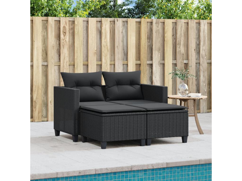 2-seater garden sofa with stools, black woven resin, 10593AZXA
