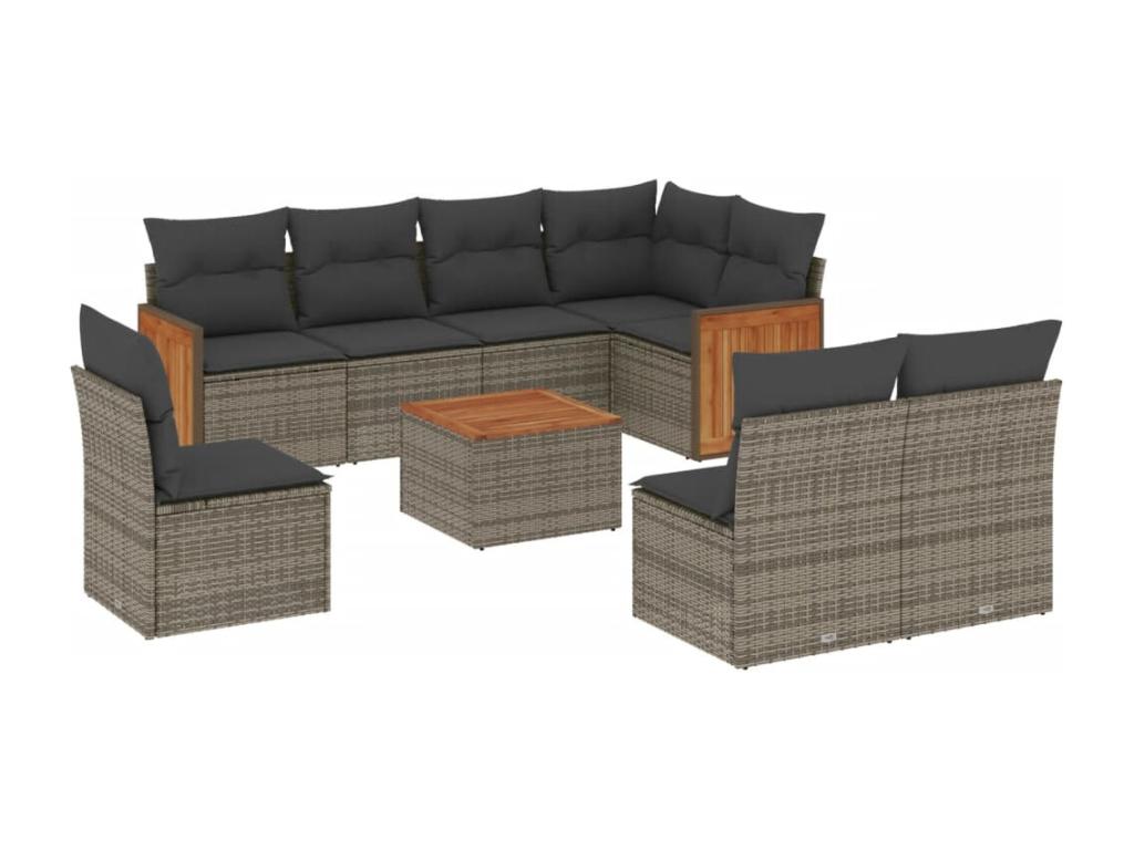 9-piece garden furniture set with grey resin wicker cushions 69360LNQS