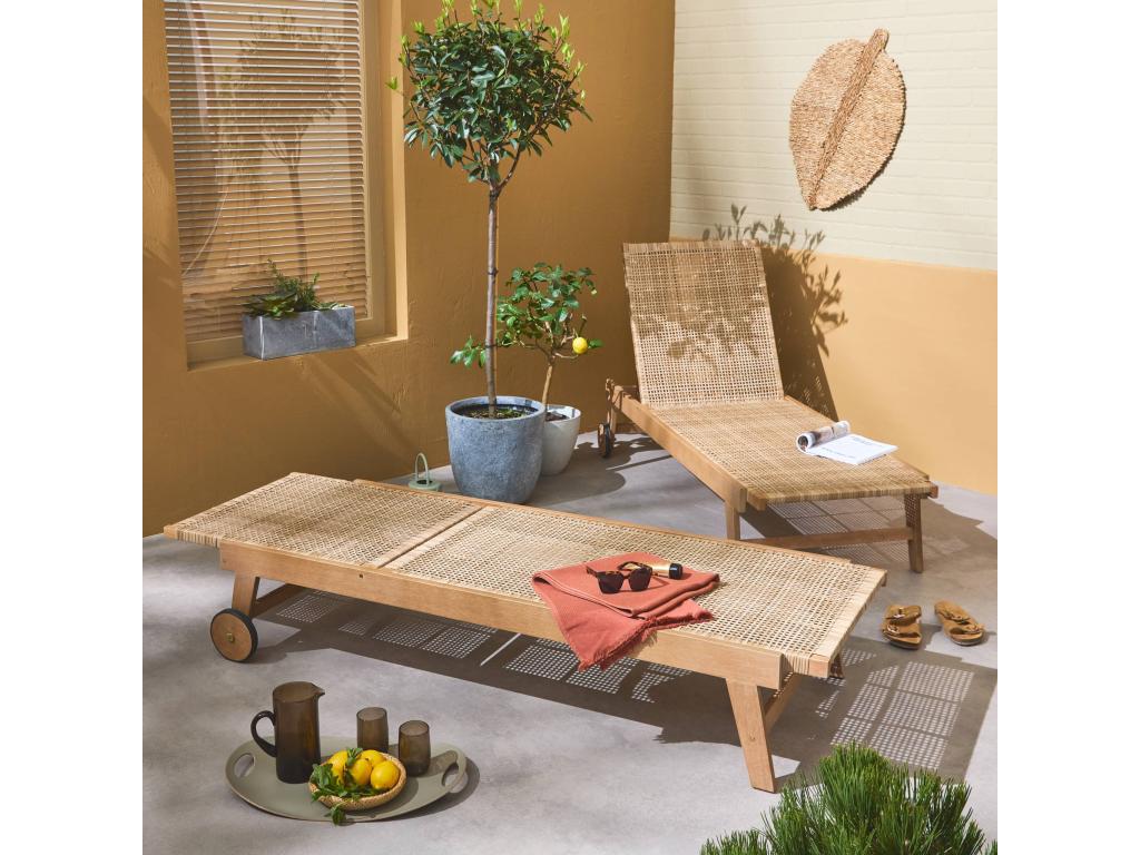 Set of 2 Bohometop wooden and resin sun loungers with caning and reclining backrest 71097TXYT