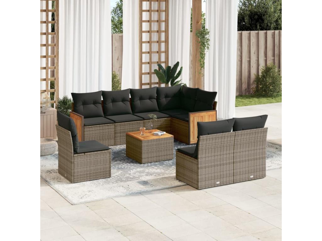 9-piece garden furniture set with grey resin wicker cushions 69360LNQS