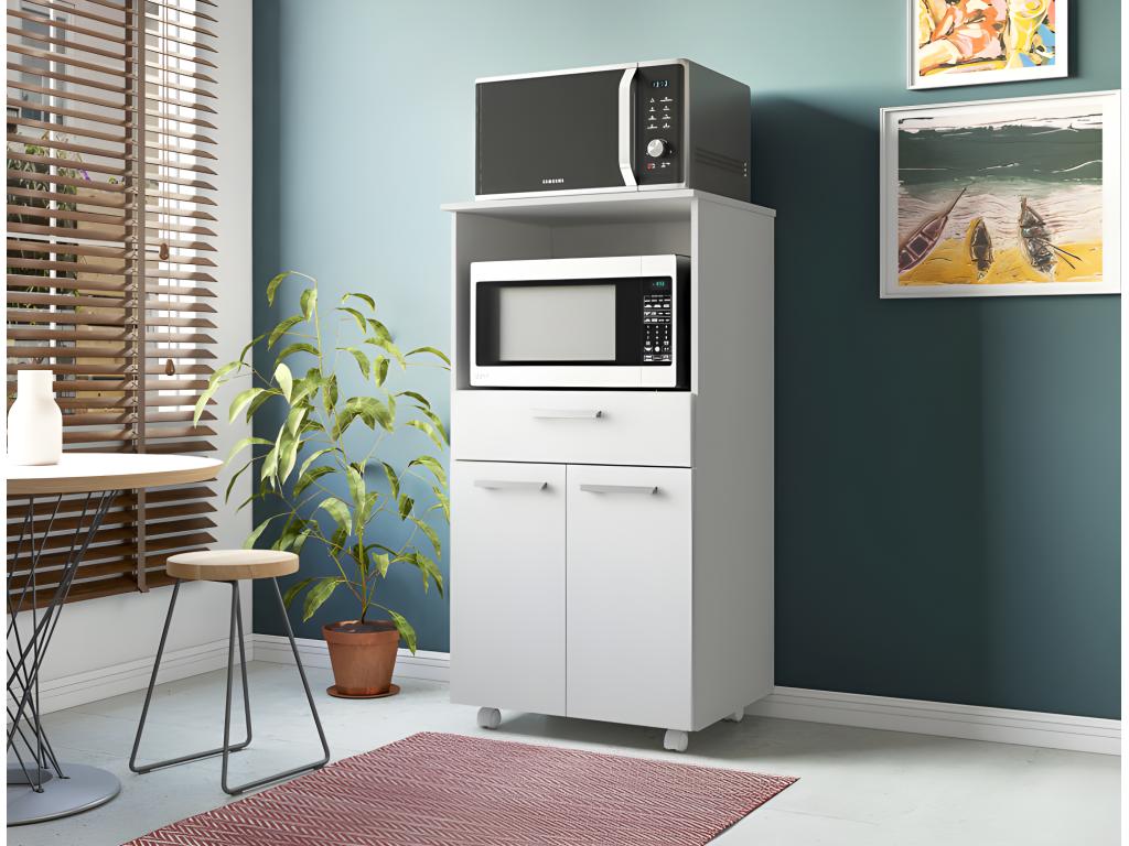 White Mobile Microwave Cabinet with 2 Doors and 1 Drawer, W 61 H 117.5 D 48.8 cm, 76230MIDJ