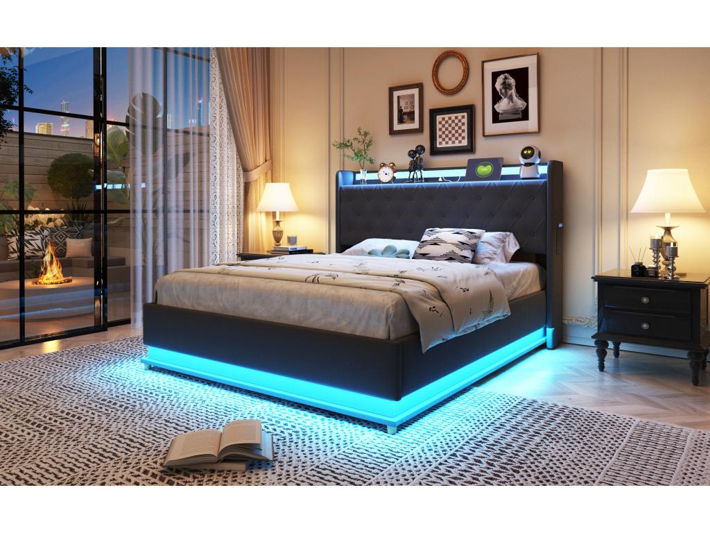 140x200 cm Storage Bed with Headboard - LEDs and USB - Linen Fabric - Bohometop Slatted Base - Grey 68200KZSS