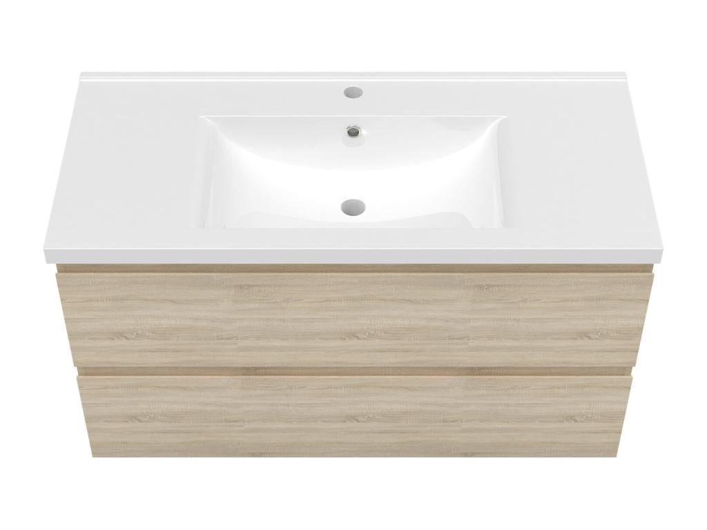 100cm vanity unit with 2 drawers, washbasin, column, round mirror, oak finish 65415ZDDM
