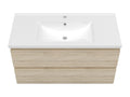 100cm vanity unit with 2 drawers, washbasin, column, round mirror, oak finish 65415ZDDM