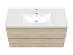 100cm vanity unit with 2 drawers, washbasin, column, round mirror, oak finish 65415ZDDM