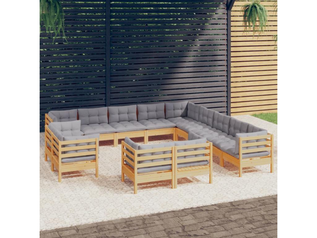 13-piece garden furniture set with grey cushions, solid pine wood, 65008OVSS