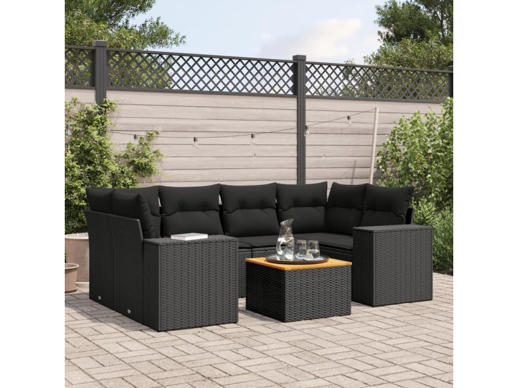 7-piece garden furniture set with cushions, black resin wicker, 88392OYRO