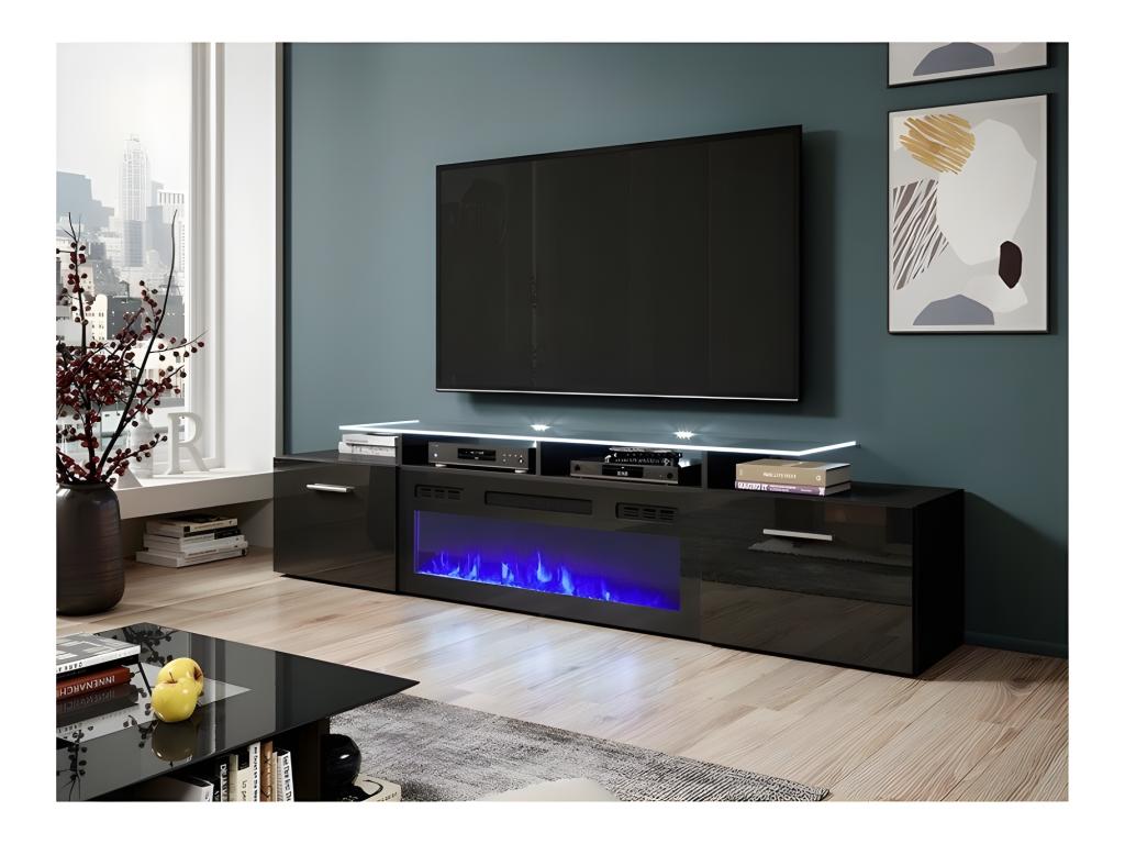 High-gloss black TV stand 190x49x37cm with integrated fireplace, Bohometope, freestanding, 95066KYUZ