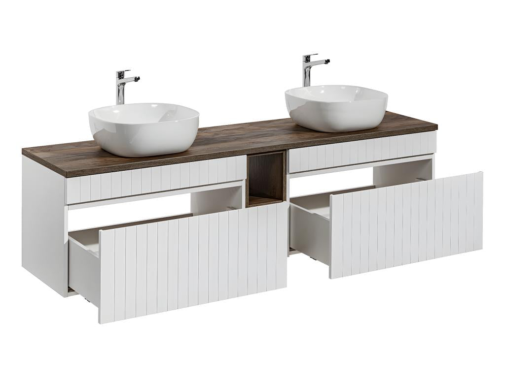 Bohometop White and Wood 180cm Double Vanity Unit with 2 Niches and Tall Cabinet 03866VPPT