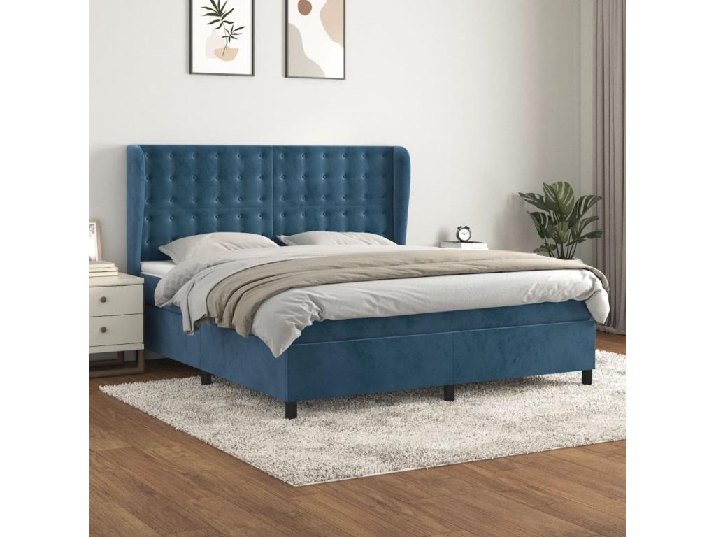 Upholstered bed base and mattress, dark blue, 160x200cm, velvet, 15494HOUL