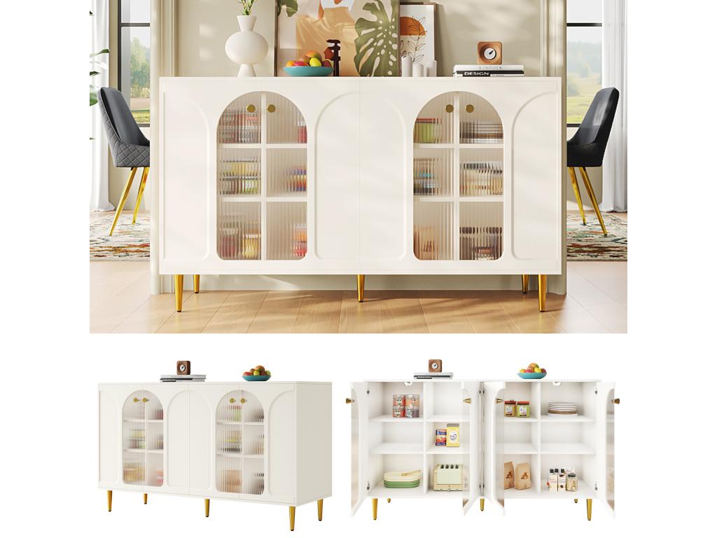 Sideboard with 4 doors - 140x40x85 cm - MDF and glass - for dining room or living room - White 36698EVDU