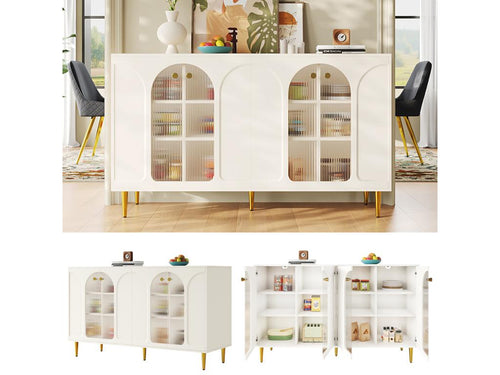 Sideboard with 4 doors - 140x40x85 cm - MDF and glass - for dining room or living room - White 36698EVDU