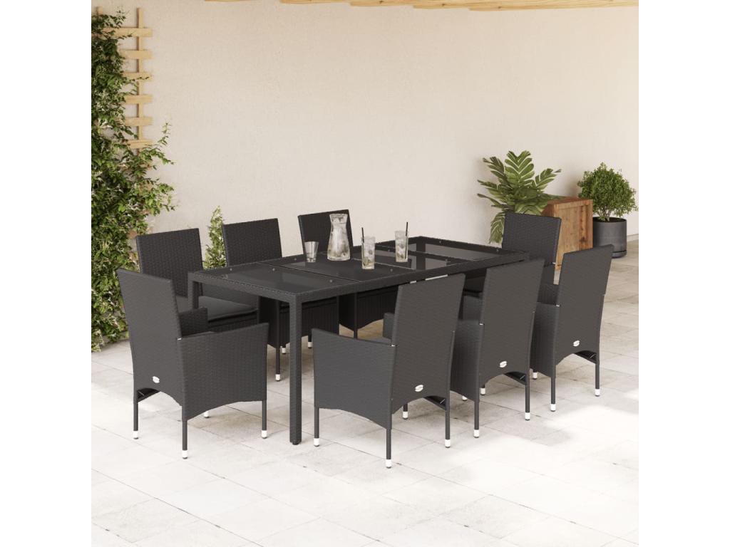 9-piece black rattan and glass garden dining set and cushions