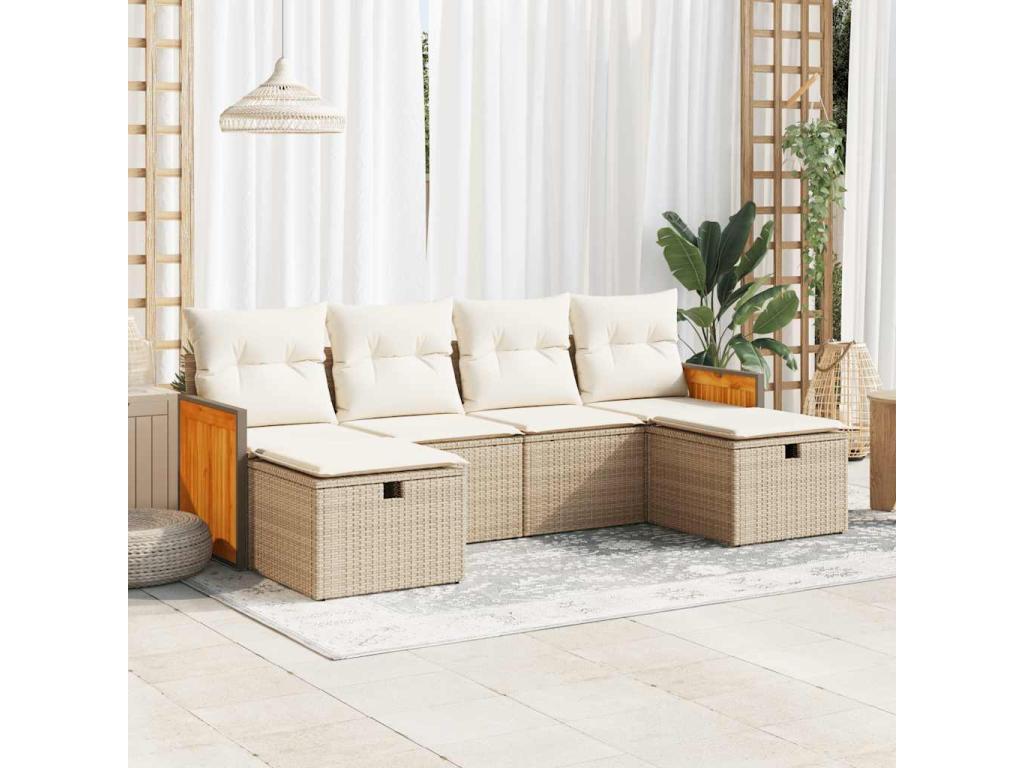 6-piece garden furniture set with cushions, beige woven resin, 52292ZVKH