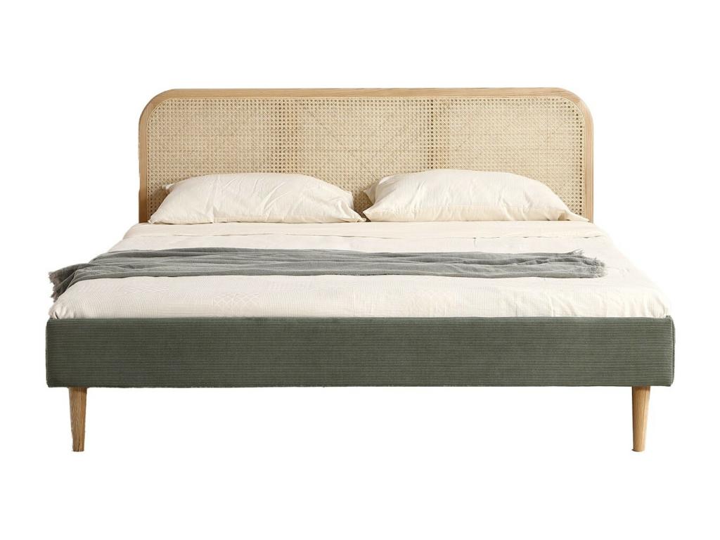 Adult bed 160x200 cm in khaki green corduroy with cane headboard - Bohometop 73252ROPO