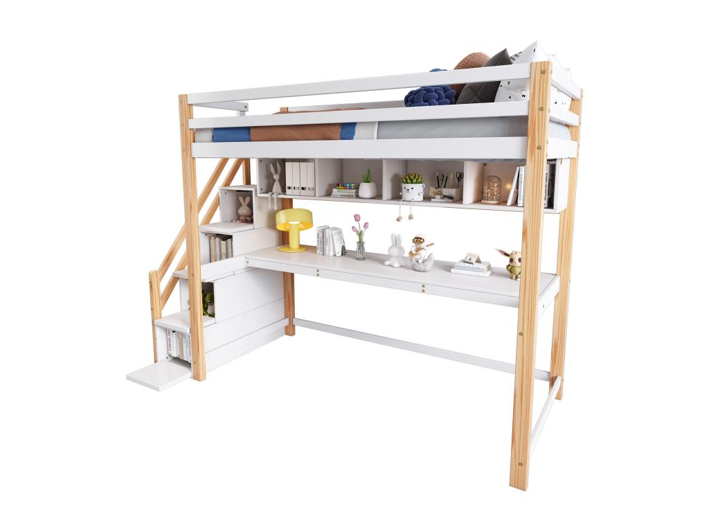 Loft bed 90x200 cm with desk, shelves and 4 drawers - pine wood - natural and white color 40368ZRMH