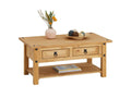 Bohometop rectangular Mexican-style wooden coffee table with 2 solid pine drawers, stained/waxed finish 17358UOLU