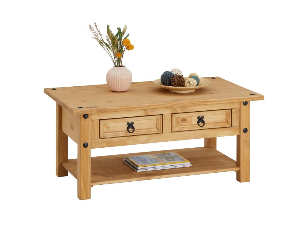 Bohometop rectangular Mexican-style wooden coffee table with 2 solid pine drawers, stained/waxed finish 17358UOLU