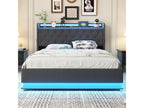 140x200 cm Storage Bed with Headboard - LEDs and USB - Linen Fabric - Bohometop Slatted Base - Grey 68200KZSS
